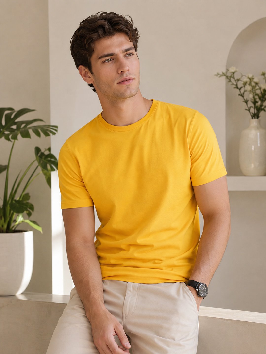 Modern casual tee featuring a comfortable fit, short sleeves and round neckline for effortless everyday outfit styling.