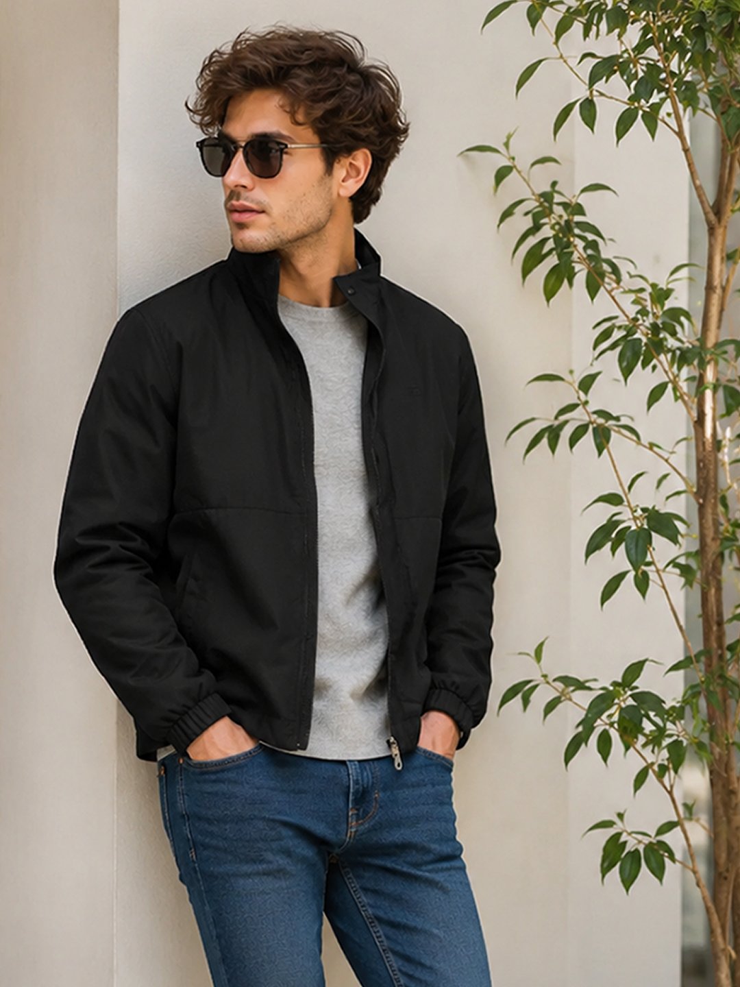 Jack 14 Black Colour Men’s zip-up jacket with a stand collar, ribbed cuffs, side pockets, and versatile design suitable for everyday casual outfits.