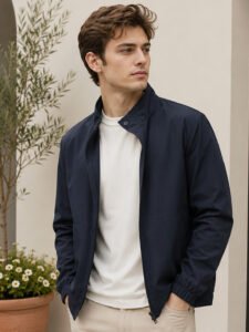 Men’s zip-up jacket with a stand collar, ribbed cuffs, side pockets, and versatile design suitable for everyday casual outfits.