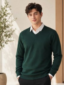 Men's black wool sweater layered over a white collared shirt for stylish winter wear.