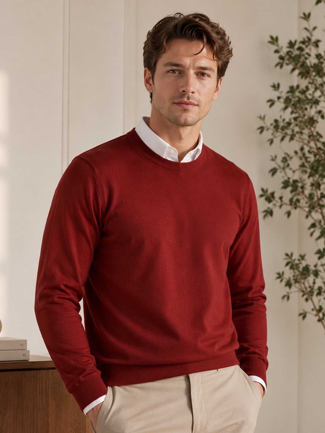 Oswal Wool Mahroon Men's black wool sweater layered over a white collared shirt for stylish winter wear.