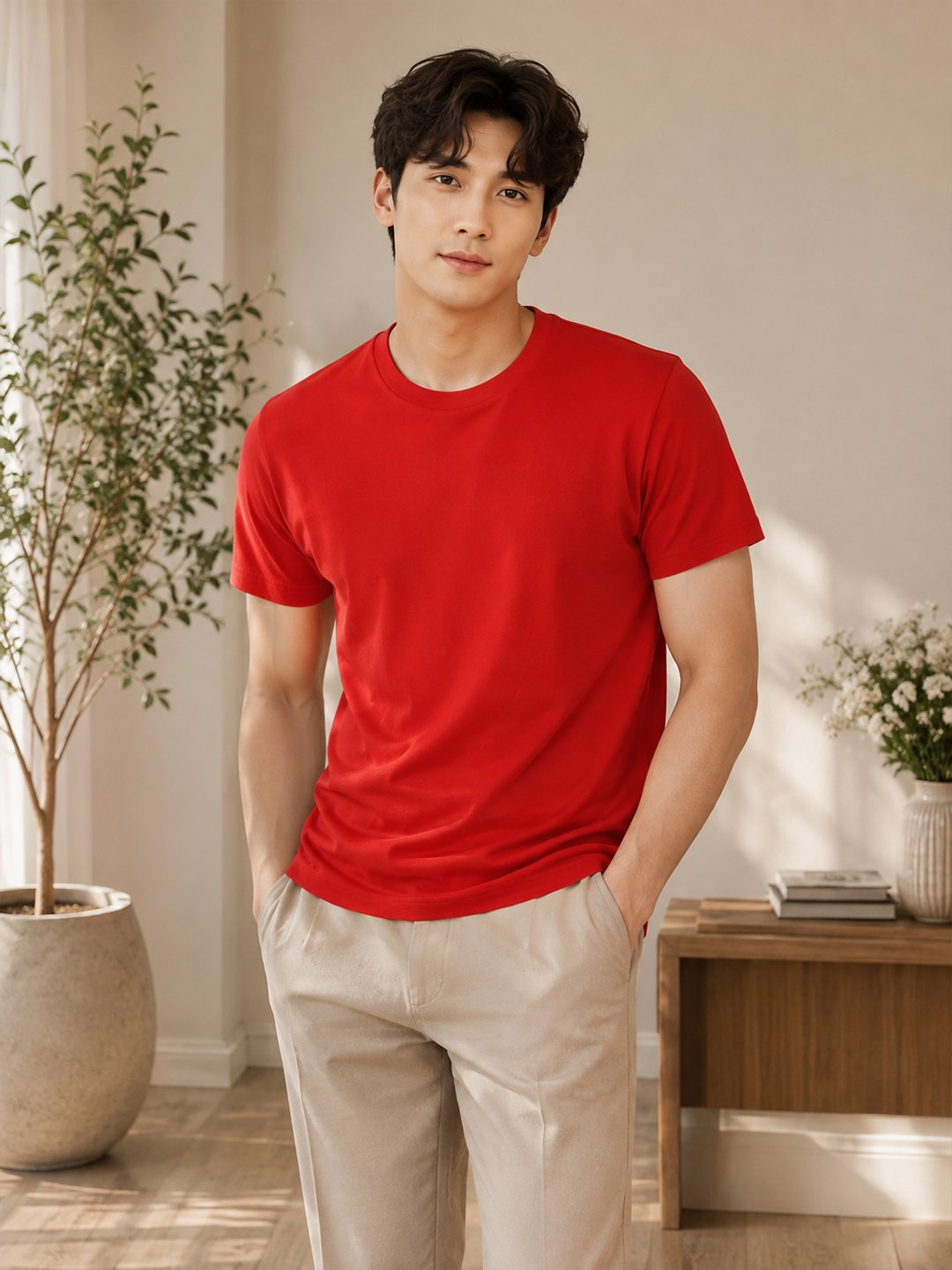 Dfnk Falcons Red Men's round neck casual t-shirt with short sleeves and relaxed regular fit, suitable for daily wear and outings.