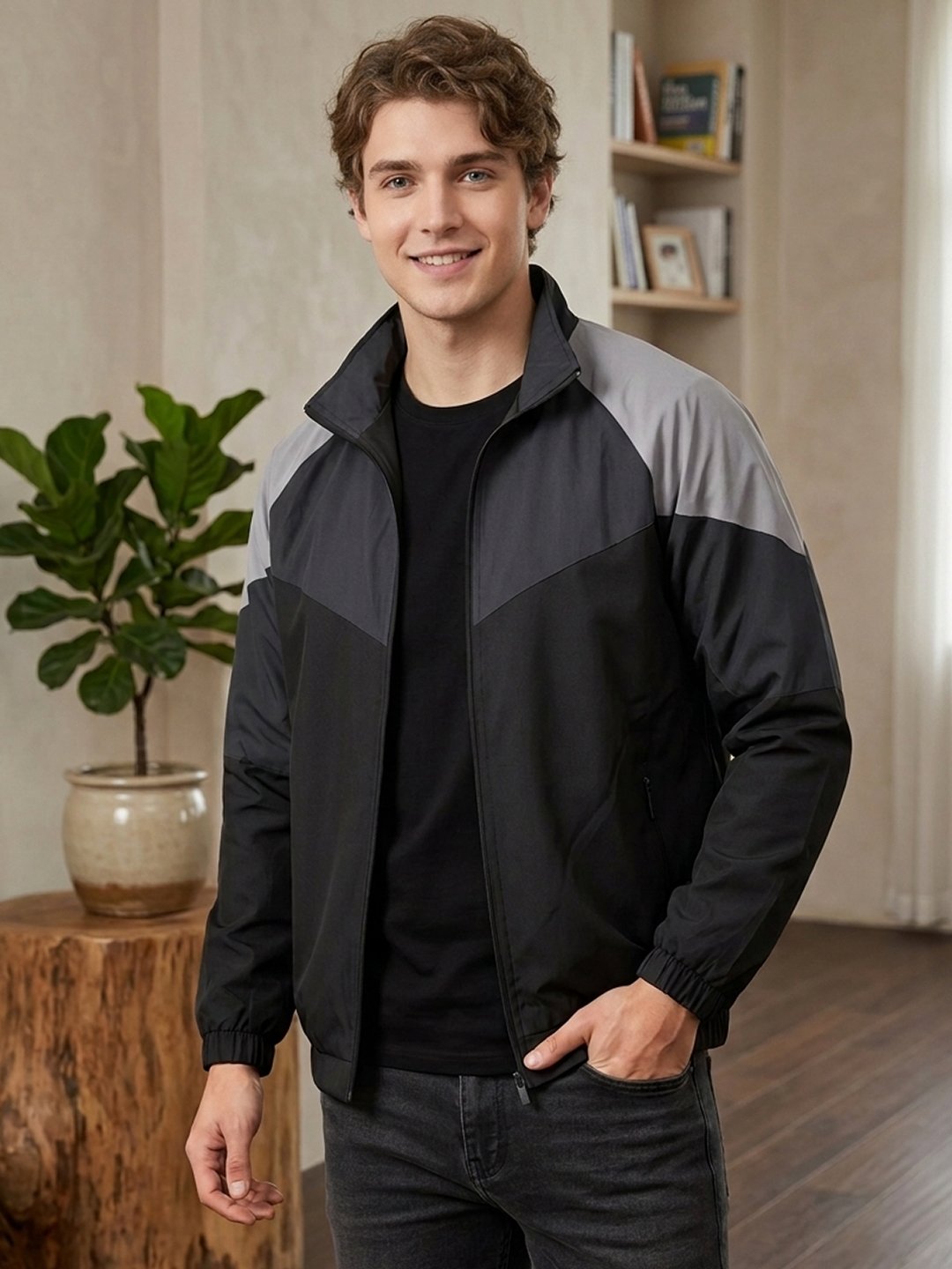 Winter Jacket 19 Black Colour Men’s zip-up jacket with a stand collar, ribbed cuffs, side pockets, and versatile design suitable for everyday casual outfits.