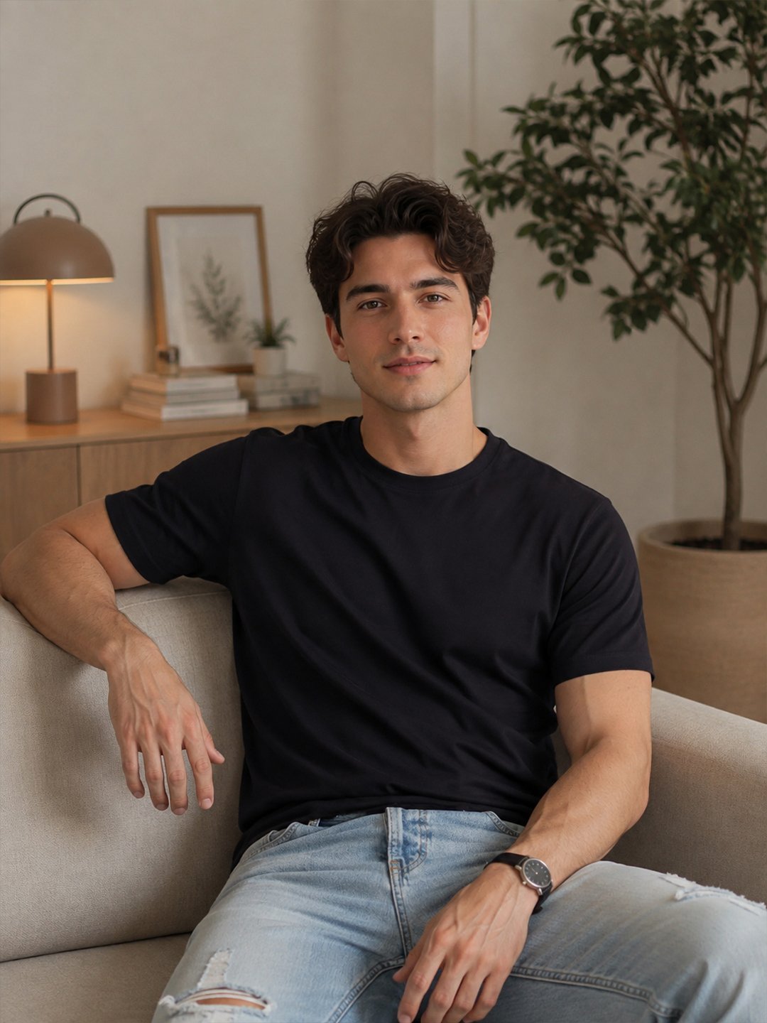 Modern casual tee featuring a comfortable fit, short sleeves and round neckline for effortless everyday outfit styling.