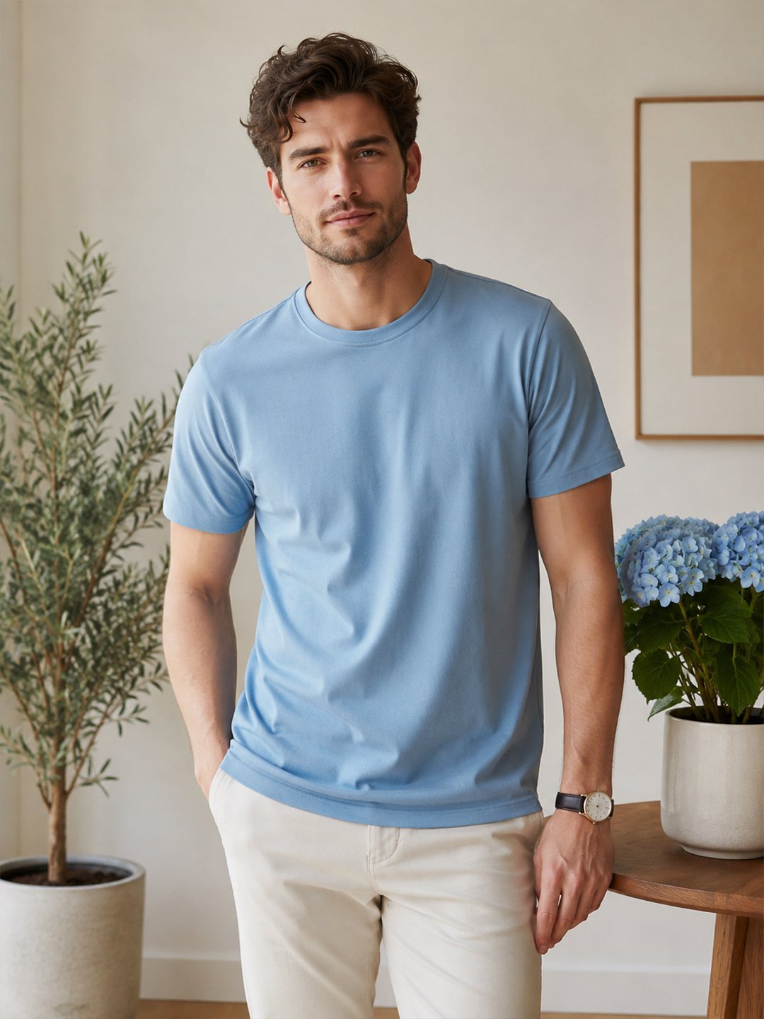 Modern casual tee featuring a comfortable fit, short sleeves and round neckline for effortless everyday outfit styling.