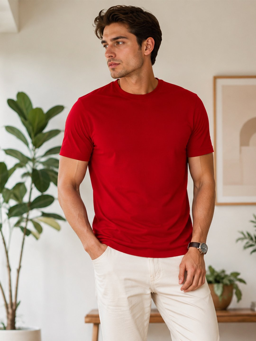 Modern casual tee featuring a comfortable fit, short sleeves and round neckline for effortless everyday outfit styling.