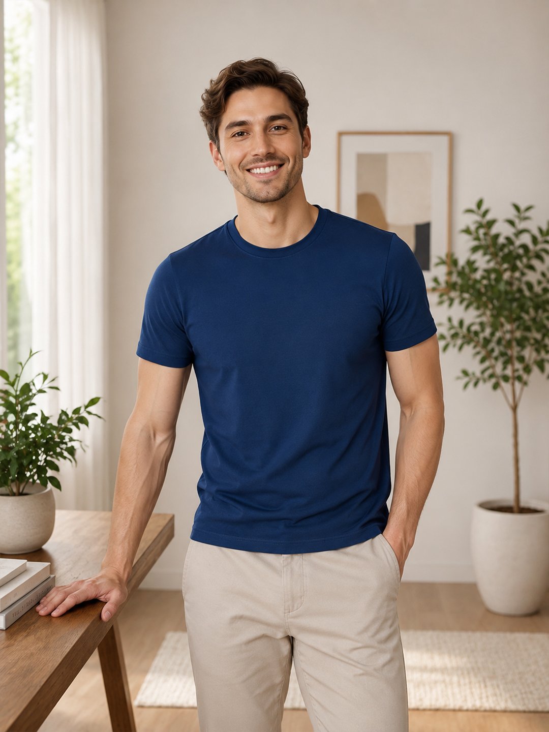 Modern casual tee featuring a comfortable fit, short sleeves and round neckline for effortless everyday outfit styling.