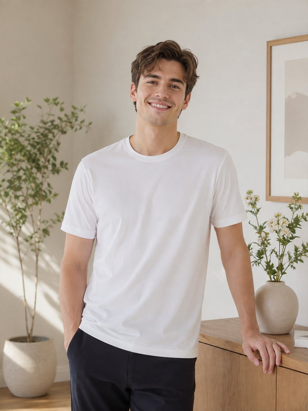 Modern casual tee featuring a comfortable fit, short sleeves and round neckline for effortless everyday outfit styling.