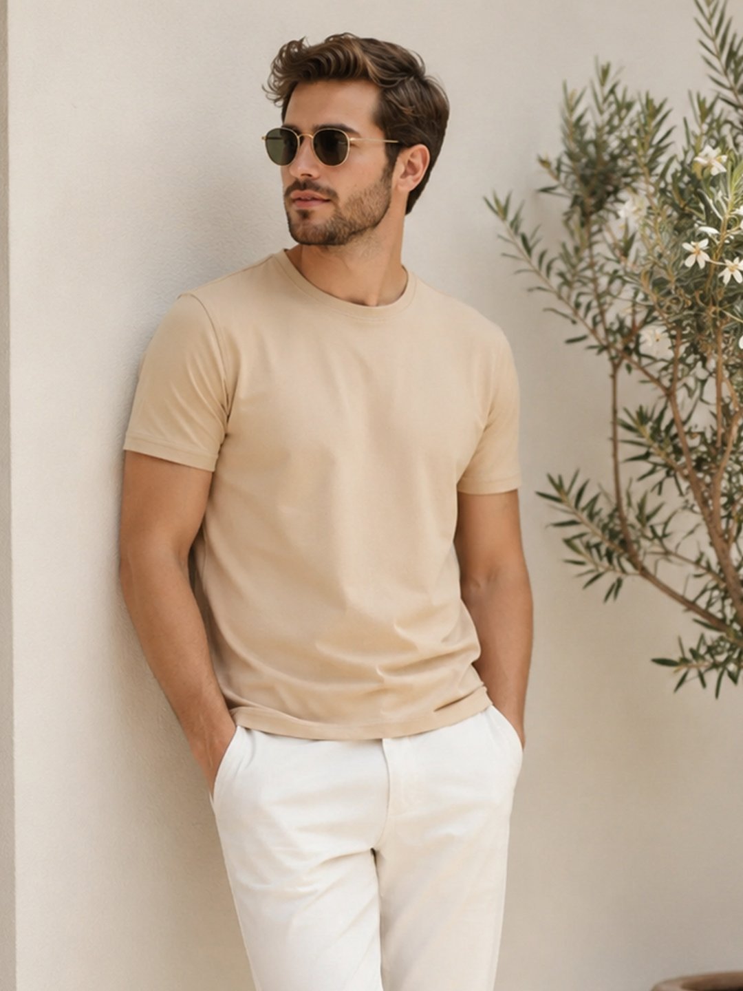 Modern casual tee featuring a comfortable fit, short sleeves and round neckline for effortless everyday outfit styling.