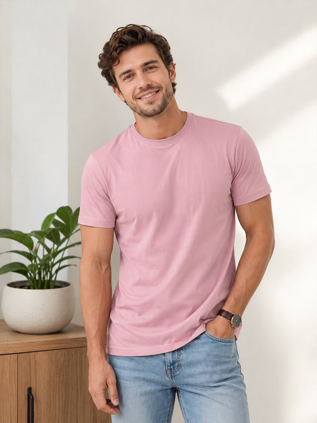 Modern casual tee featuring a comfortable fit, short sleeves and round neckline for effortless everyday outfit styling.