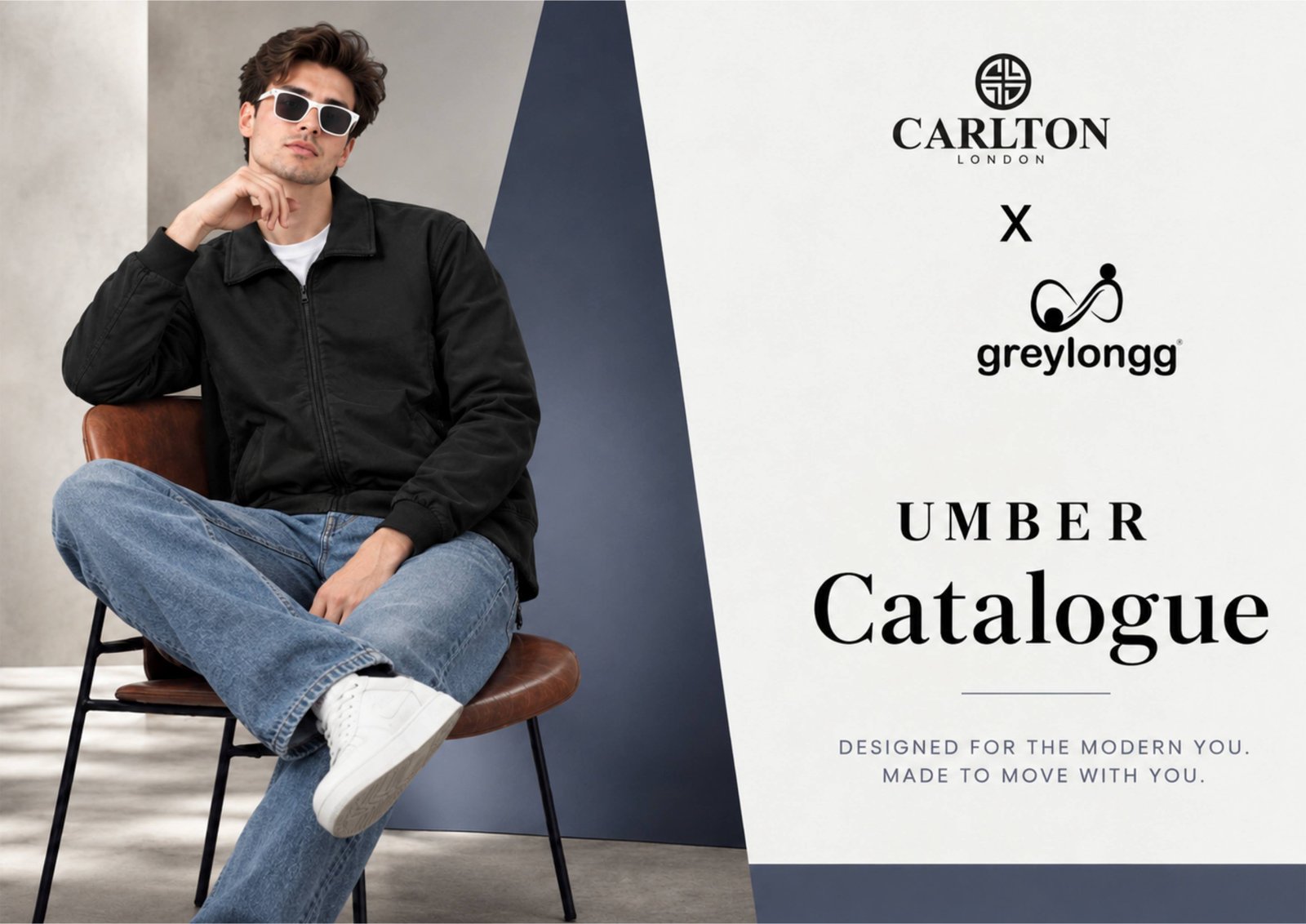 Carlton London x GreyLongg Umber Catalogue featuring a stylish man wearing a black casual jacket, light blue jeans, and white sneakers.