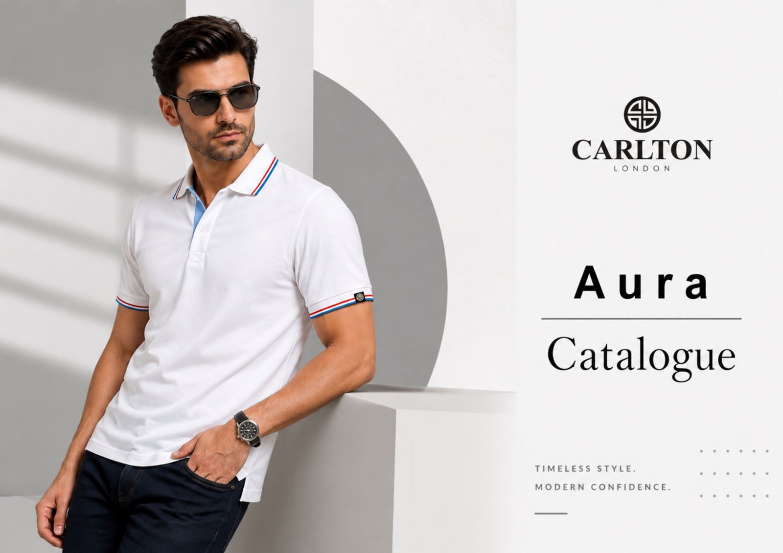 Carlton London Aura Catalogue featuring a stylish men’s white polo T-shirt with contrast collar and sleeve detailing.