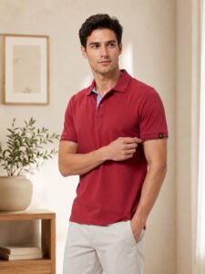 Men’s polo T-shirt with contrast collar and sleeve detailing, styled with light trousers for a classic and sophisticated casual look.