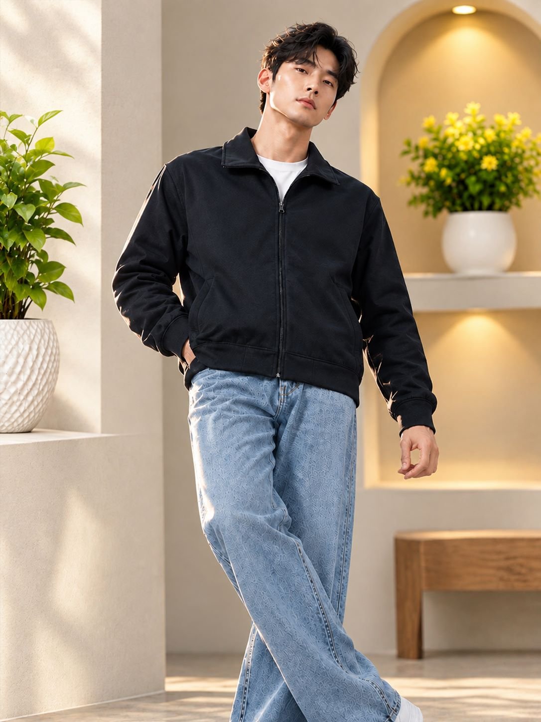 Cosmic Blue Umber Jacket 1 Men’s casual zip-up jacket with a structured collar, paired with patterned jeans for a modern everyday look.