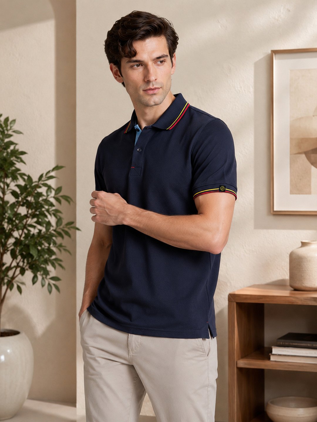 Imperial Navy Men’s polo T-shirt with contrast collar and sleeve detailing, paired with light trousers for a smart casual style.