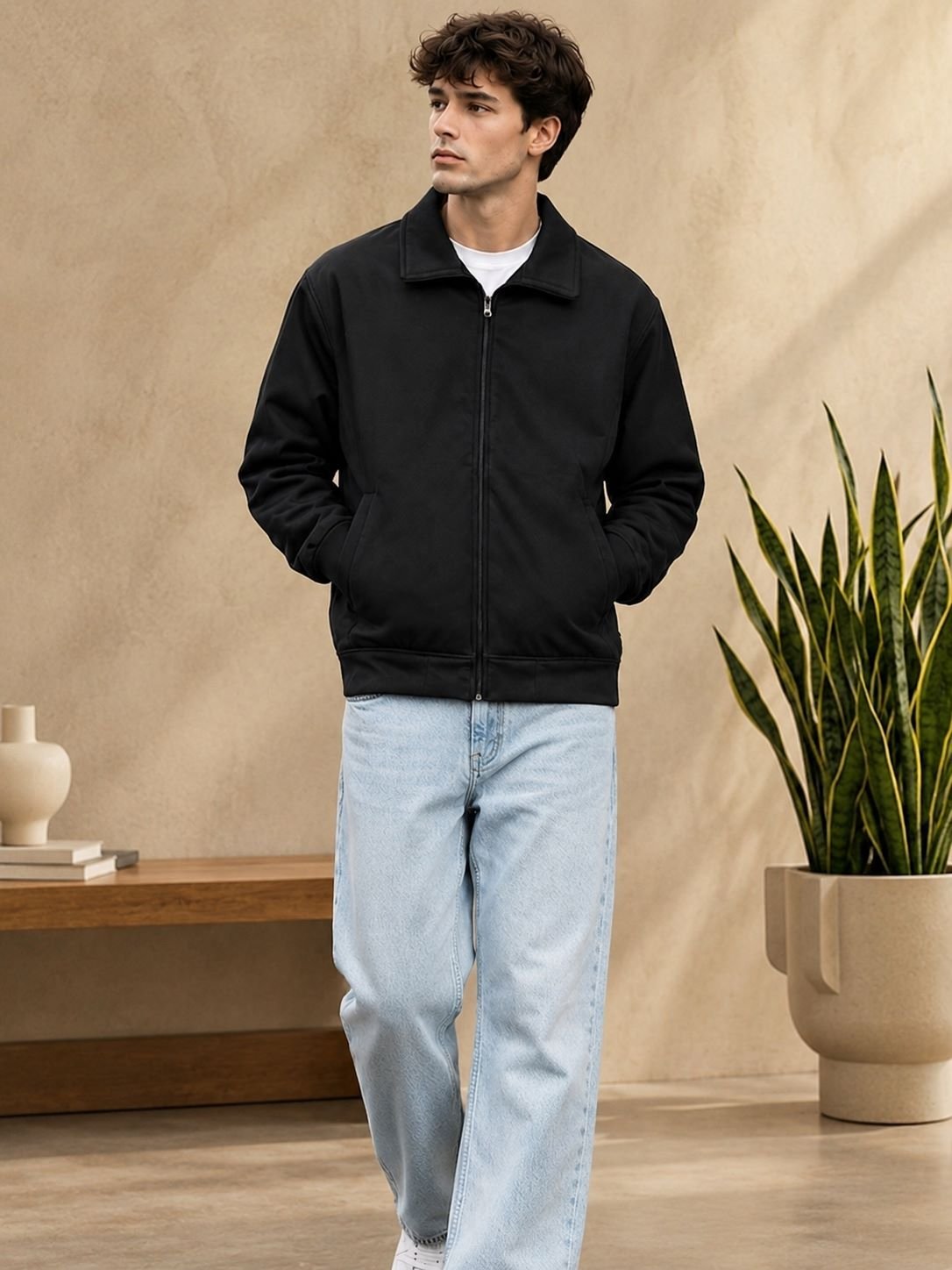 Men’s casual zip-up jacket with a structured collar, paired with relaxed-fit jeans for a clean and contemporary look.