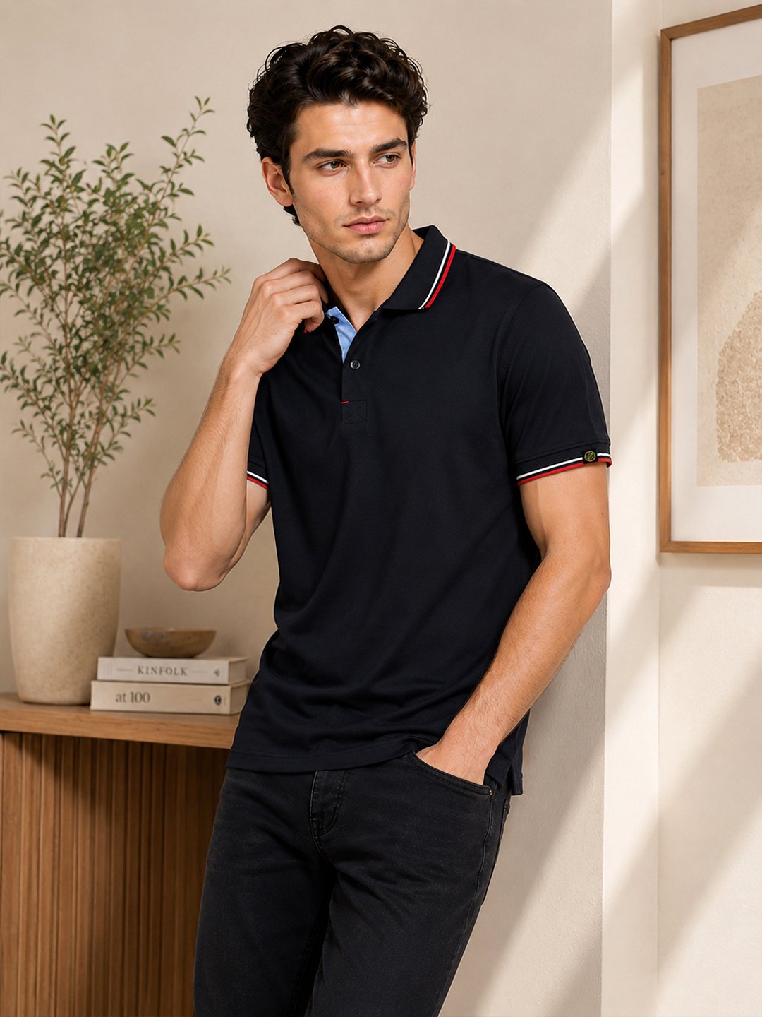 Shadow Luxe Men’s polo T-shirt with contrast collar and sleeve detailing, styled with dark trousers for a sleek casual look.